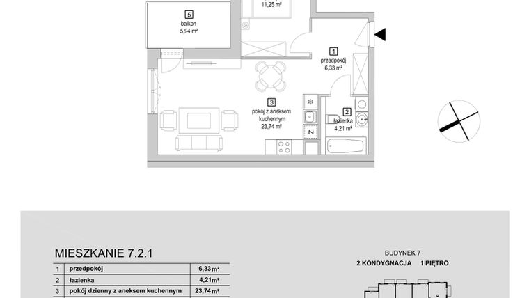 Rzut - Mieszkanie na sprzedaż 2 pokoje o powierzchni 45,53 m² - numer 7.2.1 w Osiedle Przyjemne IV