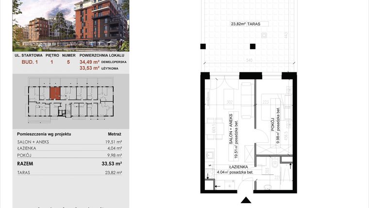 Rzut - Mieszkanie na sprzedaż 2 pokoje o powierzchni 33,53 m² - numer 5 w M|City