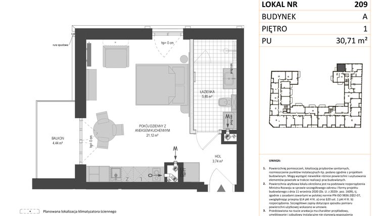 Rzut - Mieszkanie na sprzedaż 1 pokój o powierzchni 30,71 m² - numer A.209 w Esencja - Apartamenty inwestycyjne