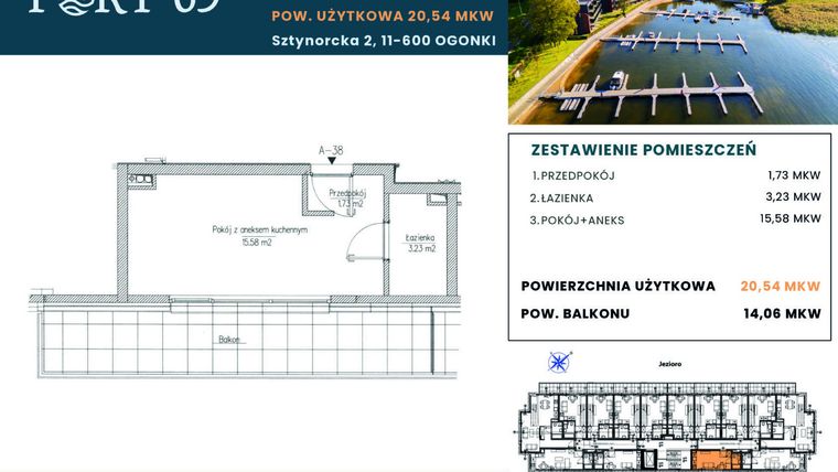 Rzut - Mieszkanie na sprzedaż 1 pokój o powierzchni 20,54 m² - numer A-38 w Port 69