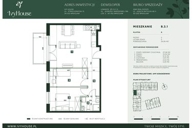 Rzut - Mieszkanie na sprzedaż 3 pokoje o powierzchni 54,9 m² - numer B.3.1 w IVY HOUSE
