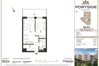 Rzut - Mieszkanie na sprzedaż 2 pokoje o powierzchni 39,48 m² - numer A2.11 w Portside Bałtycka