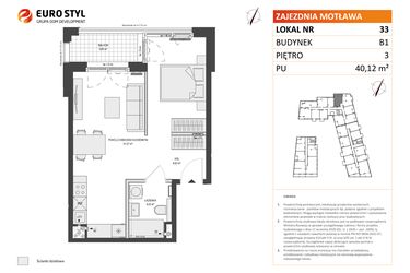 Rzut - Mieszkanie na sprzedaż 1 pokój o powierzchni 40,12 m² - numer B1.33 w Zajezdnia Motława