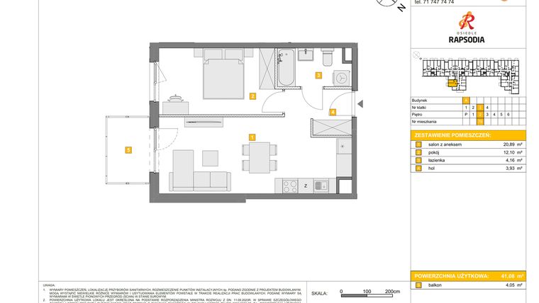 Rzut - Mieszkanie na sprzedaż 2 pokoje o powierzchni 41,08 m² - numer A.79 w Osiedle Rapsodia