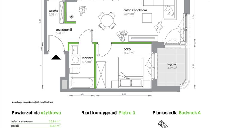 Rzut - Mieszkanie na sprzedaż 2 pokoje o powierzchni 44,42 m² - numer AA0304/4 w M Bemowo