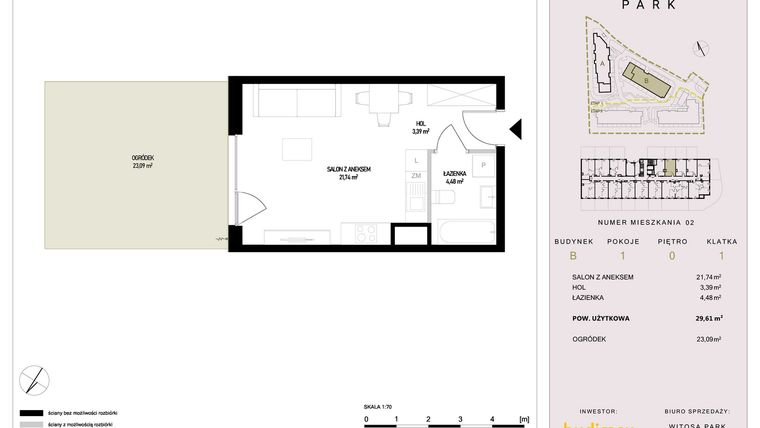 Rzut - Mieszkanie na sprzedaż 1 pokój o powierzchni 29,61 m² - numer B2 w Witosa Park