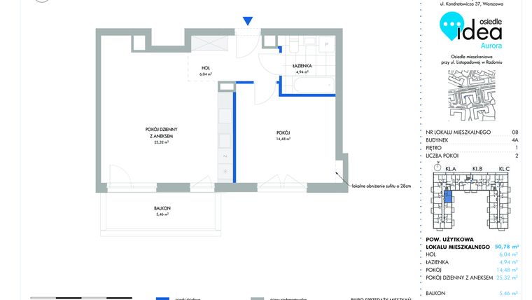 Rzut - Mieszkanie na sprzedaż 2 pokoje o powierzchni 50,93 m² - numer 8.4A w Osiedle Idea Aurora