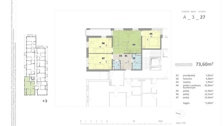 Rzut - Mieszkanie na sprzedaż 3 pokoje o powierzchni 73,6 m² - numer A.27 w Federowicza – Ruczaj Park