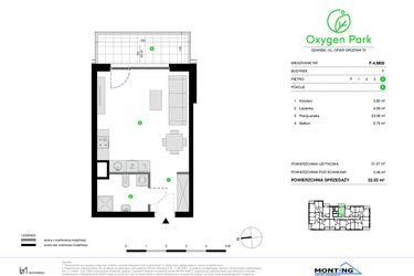 Rzut - Mieszkanie na sprzedaż 1 pokój o powierzchni 32,03 m² - numer F.4.M09 w Oxygen Park etap III