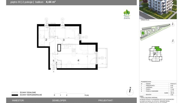 Rzut - Mieszkanie na sprzedaż 2 pokoje o powierzchni 46,29 m² - numer 13G.21 w Zielone Zamienie X