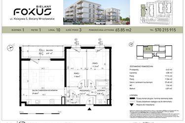 Rzut - Mieszkanie na sprzedaż 3 pokoje o powierzchni 65,85 m² - numer B1-10 w Fokus Bielany