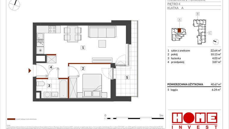 Rzut - Mieszkanie na sprzedaż 2 pokoje o powierzchni 40,67 m² - numer B2-A038 w Warszawski Świt etap IX