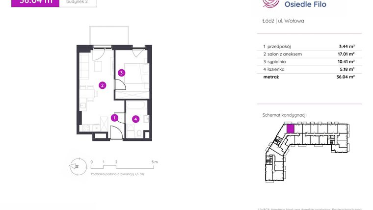 Rzut - Mieszkanie na sprzedaż 2 pokoje o powierzchni 36,04 m² - numer 2.B.1.02 w Murapol Osiedle Filo etap II
