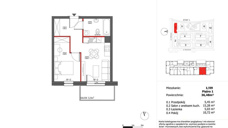Rzut - Mieszkanie na sprzedaż 2 pokoje o powierzchni 36,48 m² - numer 1/9 w Słoneczny Zakątek
