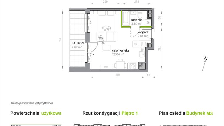 Rzut - Mieszkanie na sprzedaż 1 pokój o powierzchni 29,34 m² - numer M3/3/1/16 w Przy Parku Vita