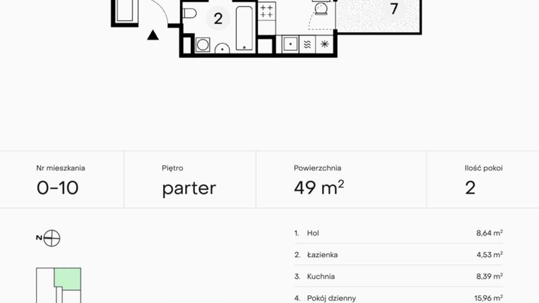 Rzut - Mieszkanie na sprzedaż 2 pokoje o powierzchni 49 m² - numer 0-10 w Pączka 1
