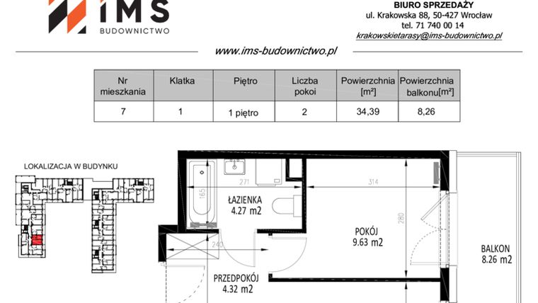Rzut - Mieszkanie na sprzedaż 2 pokoje o powierzchni 34,46 m² - numer 7 w Krakowskie Tarasy etap V