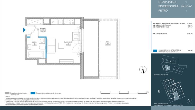Rzut - Mieszkanie na sprzedaż 1 pokój o powierzchni 25,27 m² - numer B.1.2.3 w Meri Apartamenty