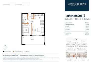 Rzut - Mieszkanie na sprzedaż 2 pokoje o powierzchni 44,76 m² - numer 2 w Apartamenty Marina Rogowo