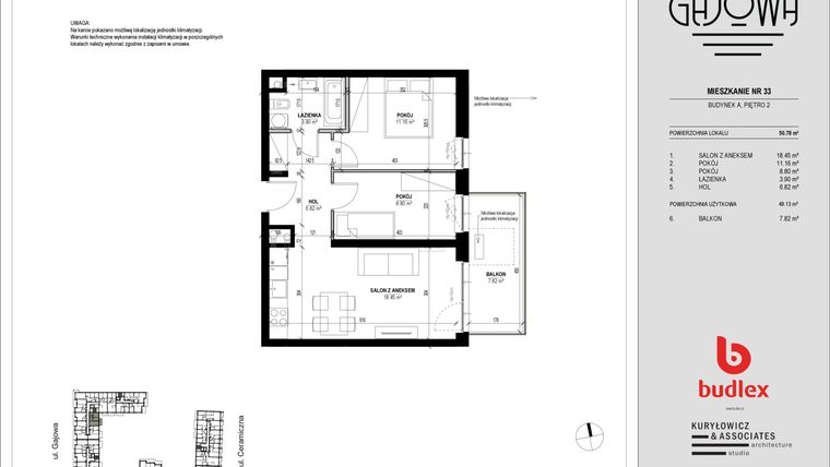 Rzut - Mieszkanie na sprzedaż 3 pokoje o powierzchni 50,29 m² - numer 33 w Gajowa bud. A