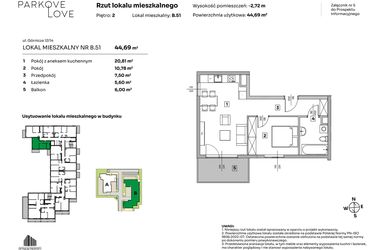 Rzut - Mieszkanie na sprzedaż 2 pokoje o powierzchni 44,69 m² - numer B.51 w Parkove Love
