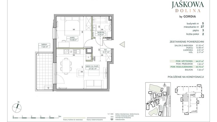 Rzut - Mieszkanie na sprzedaż 2 pokoje o powierzchni 45,79 m² - numer 5.A.27 w Villa Jaśkowa Dolina etap II