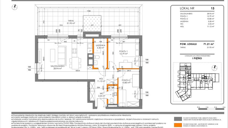 Rzut - Mieszkanie na sprzedaż 3 pokoje o powierzchni 71,21 m² - numer 13 w Tarasy Międzylesie