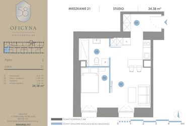 Rzut - Mieszkanie na sprzedaż 1 pokój o powierzchni 34,38 m² - numer 21 w Oficyna - Apartamenty Inwestycyjne Apart Hotel
