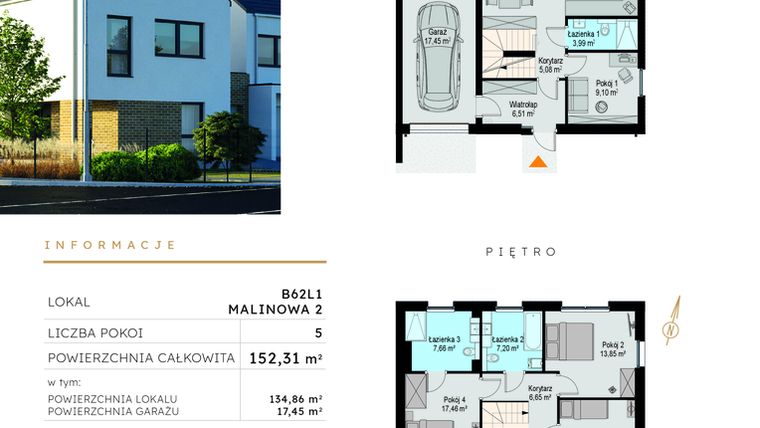 Rzut - Dom na sprzedaż 5 pokoi o powierzchni 152,31 m² - numer B62L1 w Szczodre etap VI