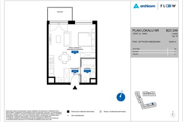 Rzut - Mieszkanie na sprzedaż 1 pokój o powierzchni 34,68 m² - numer B23 249 w Flow - bud. B2 A i bud. B2 B
