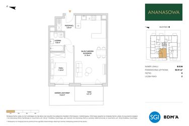 Rzut - Mieszkanie na sprzedaż 2 pokoje o powierzchni 53,91 m² - numer B.0.04 w Ananasowa