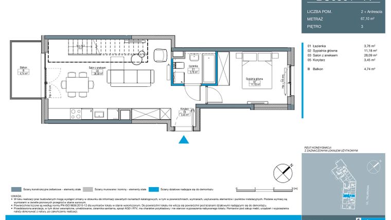 Rzut - Mieszkanie na sprzedaż 2 pokoje o powierzchni 67,1 m² - numer BC0301 w Talarowa Park