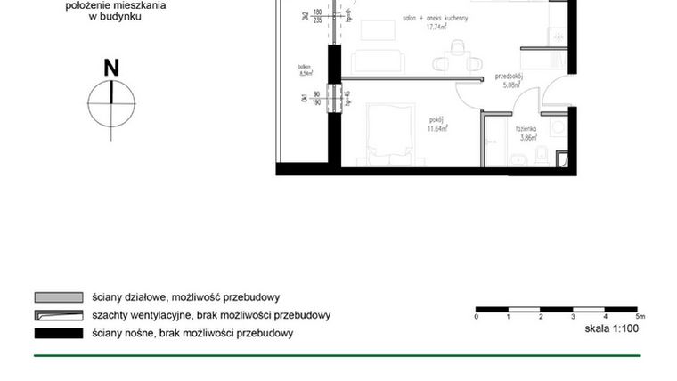 Rzut - Mieszkanie na sprzedaż 2 pokoje o powierzchni 38,32 m² - numer M23 w Wędrowna