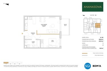 Rzut - Mieszkanie na sprzedaż 2 pokoje o powierzchni 49,9 m² - numer A.1.02 w Ananasowa