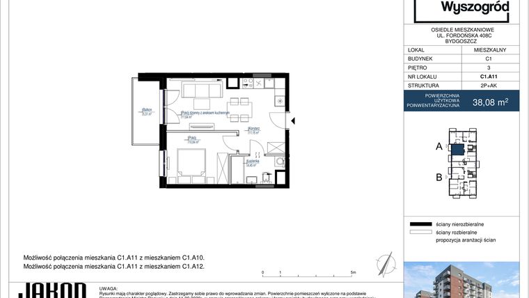 Rzut - Mieszkanie na sprzedaż 2 pokoje o powierzchni 38,08 m² - numer C1.A11 w Nowy Wyszogród etap II