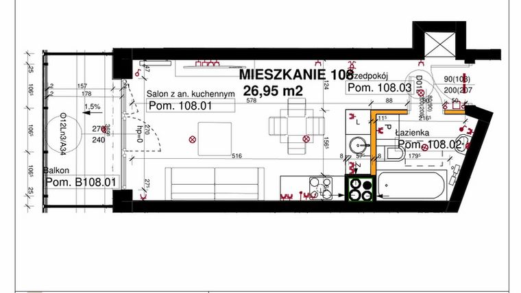 Rzut - Mieszkanie na sprzedaż 1 pokój o powierzchni 26,95 m² - numer M108 w Srebrzyńska Park IV