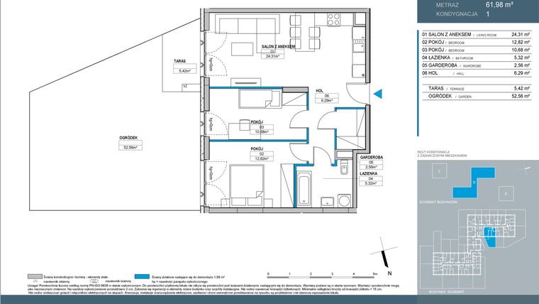 Rzut - Mieszkanie na sprzedaż 3 pokoje o powierzchni 61,98 m² - numer D2.1.11 w Nordic Bemowo - etap IV