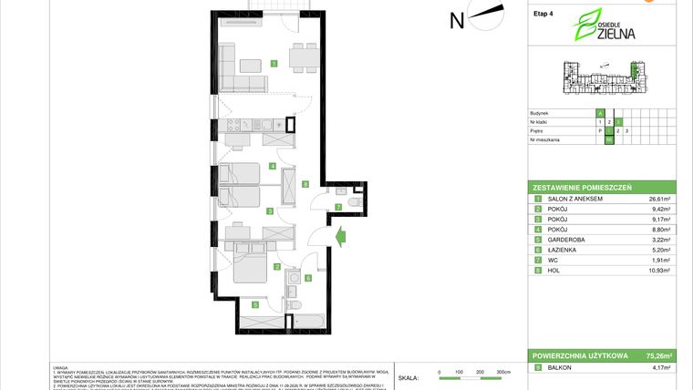 Rzut - Mieszkanie na sprzedaż 4 pokoje o powierzchni 75,26 m² - numer A.66 w Osiedle Zielna IV