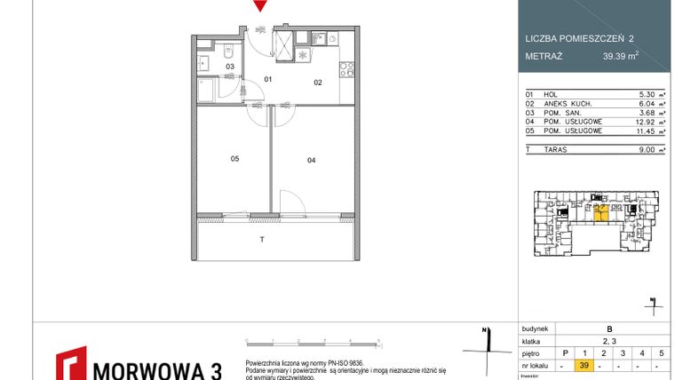 Rzut - Mieszkanie na sprzedaż 2 pokoje o powierzchni 39,39 m² - numer 39 w Morwowa 3 - Apartamenty Inwestycyjne