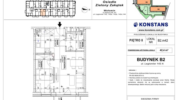 Rzut - Mieszkanie na sprzedaż 2 pokoje o powierzchni 42,4 m² - numer B2.42 w Osiedle Zielony Zakątek- etap II