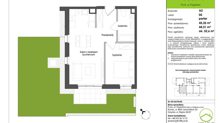 Rzut - Mieszkanie na sprzedaż 2 pokoje o powierzchni 44,31 m² - numer OP/A2/P0/05 w Osiedle Pogodne etap I