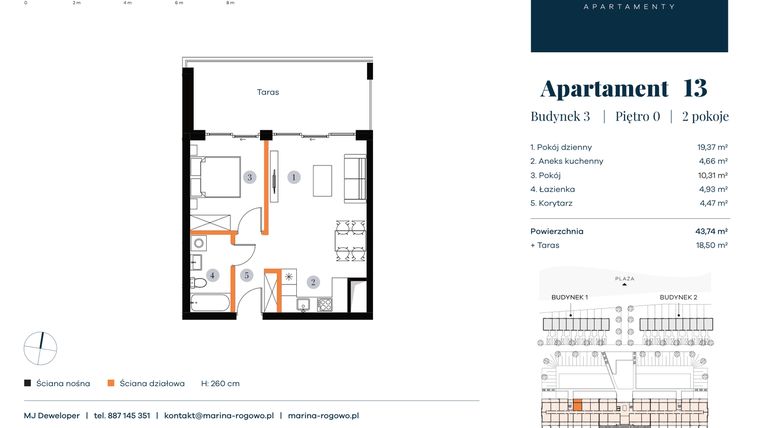 Rzut - Mieszkanie na sprzedaż 2 pokoje o powierzchni 43,74 m² - numer 13 w Apartamenty Marina Rogowo