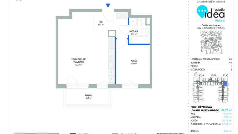 Rzut - Mieszkanie na sprzedaż 2 pokoje o powierzchni 48,02 m² - numer 65.4A w Osiedle Idea Aurora