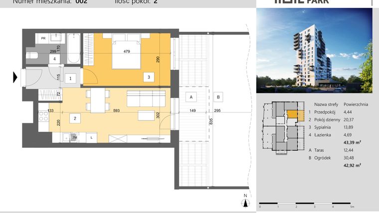 Rzut - Mieszkanie na sprzedaż 2 pokoje o powierzchni 43,39 m² - numer 2 w Dworzysko Park - Etap III