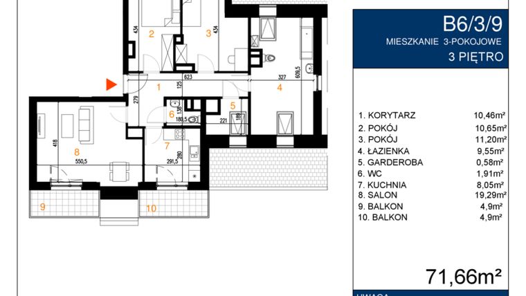 Rzut - Mieszkanie na sprzedaż 3 pokoje o powierzchni 70,9 m² - numer B6/9 w Polana Miłoszycka