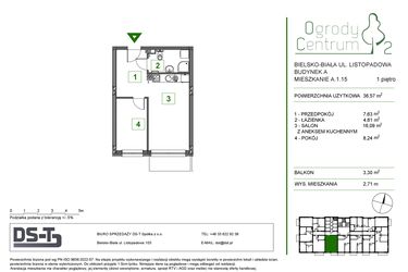Rzut - Mieszkanie na sprzedaż 2 pokoje o powierzchni 36,57 m² - numer A.1.15 w Ogrody Centrum 2
