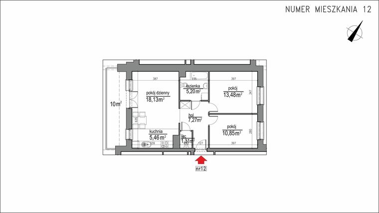 Rzut - Mieszkanie na sprzedaż 3 pokoje o powierzchni 61,7 m² - numer 1m.12 w Osiedle Rytm
