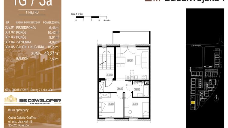 Rzut - Mieszkanie na sprzedaż 3 pokoje o powierzchni 48,27 m² - numer 1G/3a w Budziwojska 3