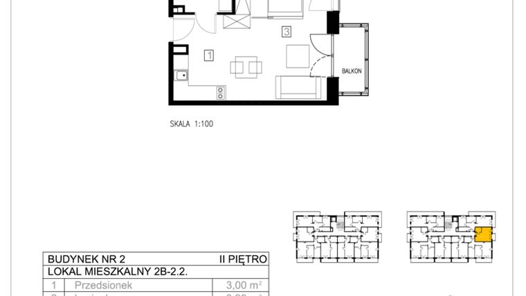 Rzut - Mieszkanie na sprzedaż 1 pokój o powierzchni 31,55 m² - numer 2B-2.2 w Gardenia Pogodno