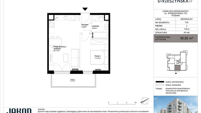 Rzut - Mieszkanie na sprzedaż 2 pokoje o powierzchni 38,82 m² - numer 77D.9 w Strzeszyńska 77
